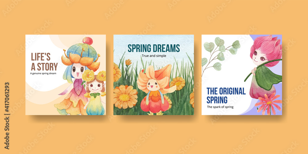 Fototapeta premium Advertise template with floral character concept design watercolor illustration