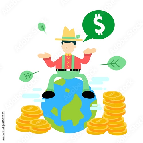 farmer man agriculture World economy money dollar global cartoon doodle flat design style vector illustration