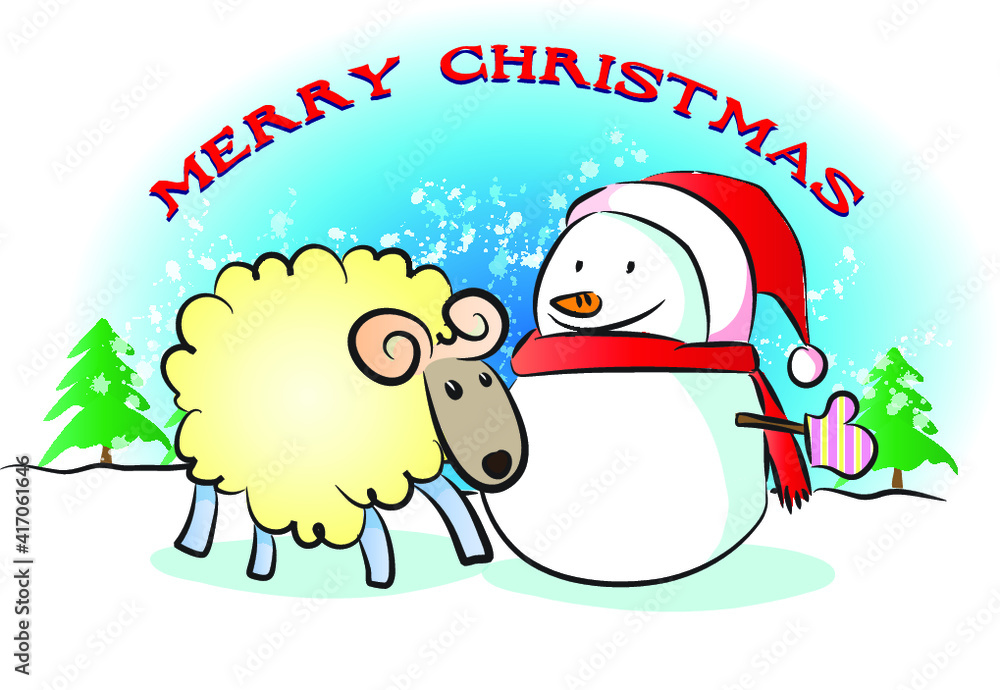 Naklejka premium vector cartoon Merry Christmas day sheep and snowman