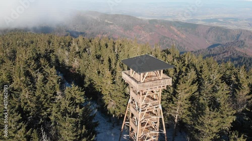 Post and beam observation tower on Radziejowa summit in Beskids Mountains