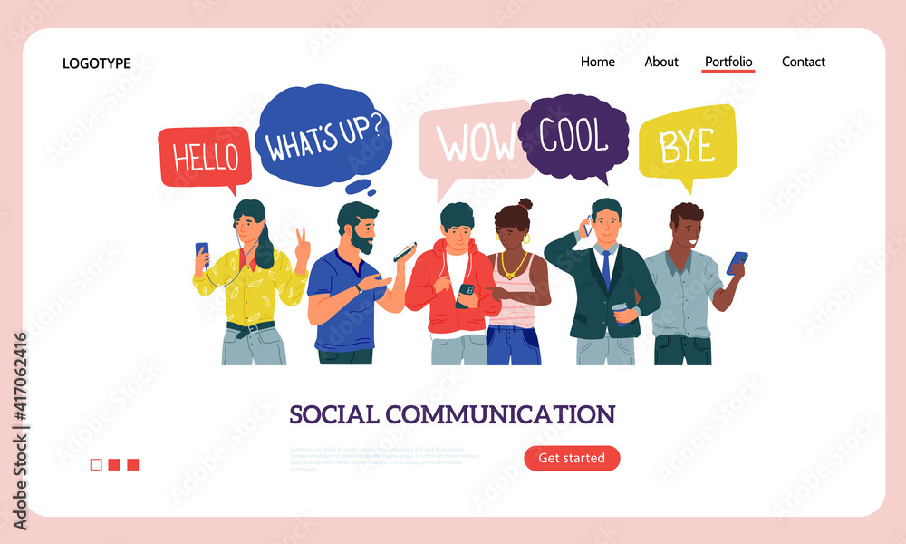 People with phones landing page. Social communication concept with cartoon men and women holding smartphones and chatting. Website interface mockup design. Vector young characters with speech bubbles People with phones landing page. Social communication concept with cartoon men and women holding smartphones and chatting. Website interface mockup design. Vector young characters with speech bubbles