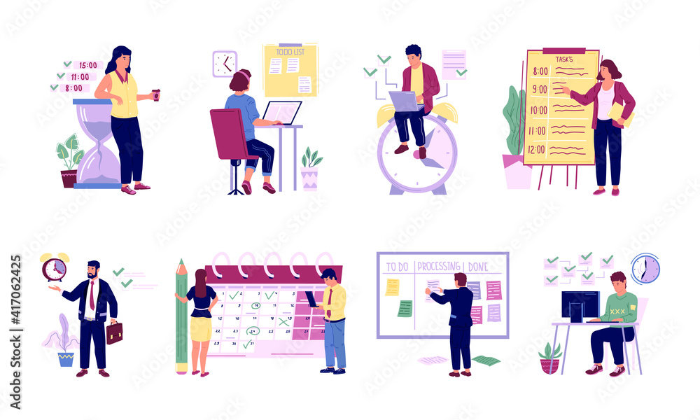 Organizing office work. Successful people planning work and scheduling. Effective time management concept. Cartoon workers write down priority goals and control timetable. Vector workflow optimization