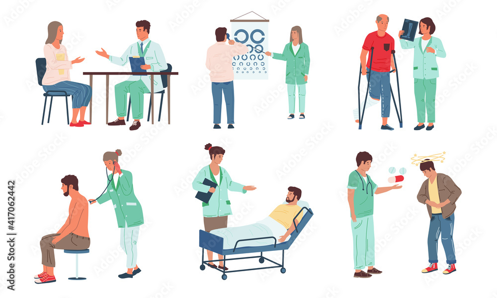 Patient examination. Consultation with doctor in medical clinic, disabled or injured cartoon men and women in hospital. Therapists check health of sick character and make diagnosis. Vector diagnostic
