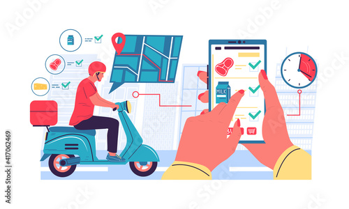 Online delivery app. Cartoon women holding smartphone and making order in web grocery shopping service. Courier on scooter quickly brings purchases. Vector mobile application with navigation system