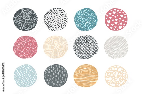 Abstract circle pattern. Natural geometric texture with hand drawn doodle repeating prints. Decorative minimal isolated round shapes. Creative textile samples, vector outline covers templates set