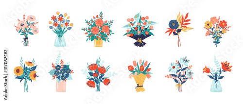 Flower bouquet. Bunch of plants in vase and glass bottle collection, cartoon blooming peony and colorful meadow greenery, decorative foliage. Vector isolated garden flowers botanical decoration set