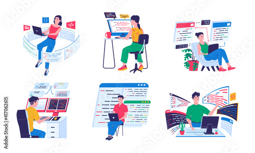 Programmer and coders. Backend software engineers working with computers and laptops in comfortable conditions. Cyber specialists programming or coding. Vector cartoon developers writing digital code