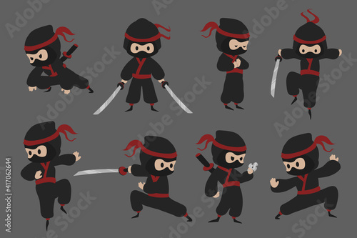 Cute ninja. Cartoon Japanese warrior with sword in different poses. Deft assassin in black camouflage suit attacks with katana or throws metal shuriken. Inconspicuous Asian fighter, vector killers set