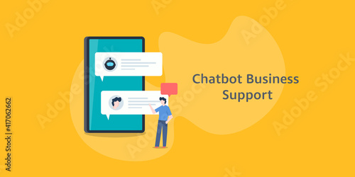 Concept of chatbot business support. AI artificial intelligence smart viral assistant helping customer conversation smartphone. Flat design vector banner illustration.