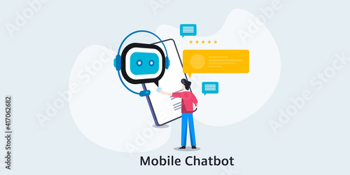 Concept of interactive business chatbot. Artificial intelligence helping customer with guidance. Flat design web banner concept.