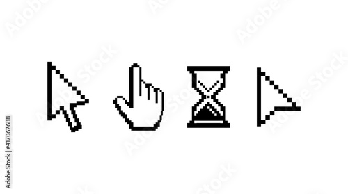 Old computer mouse pointers. Classic pixelated cursors. Abstract arrow symbols and hand with raised forefinger sign for making selection by clicking. Hourglass icon indicates waiting time, vector set