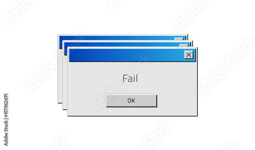 Old computer window. Popup fail. Square frame with operating system error message and buttons. Pixel interface design of program notification. Warning information about software bug. Vector failure