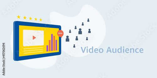 Concept of video marketing and attracting online audience. Social media digital video content. Isometric style tablet with video player. Vector banner background.