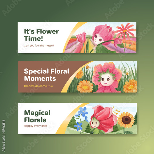 Banner template with floral character concept design watercolor illustration