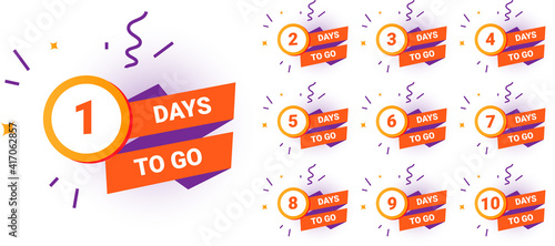 Days countdown. Count amount of time until end of limited promotion. Minimal sale banners or special offer badges set. Colorful isolated round signs with numbers and lettering. Vector discount sticker
