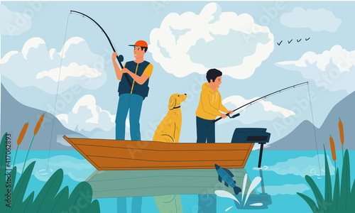 Family fishing. Cartoon father and son catching fish with rods from boat on lake. Summer hobby and outdoor leisure activity. Natural scenic view of water and mountains. Vector fisherman illustration
