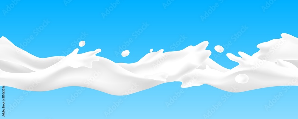 Milk splash seamless pattern. Realistic yoghurt horizontal stream. Dairy product white wave on blue background. Decorative cream liquid texture template with splatter and drips. Vector pouring drink