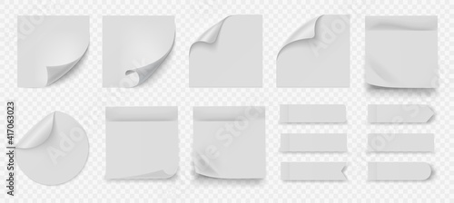 White sticky note. Realistic square and round blank papers with adhesive edges. Folded corners sheets or stickers. Collection of isolated glued reminders. Empty crumpled memos, vector notepad set