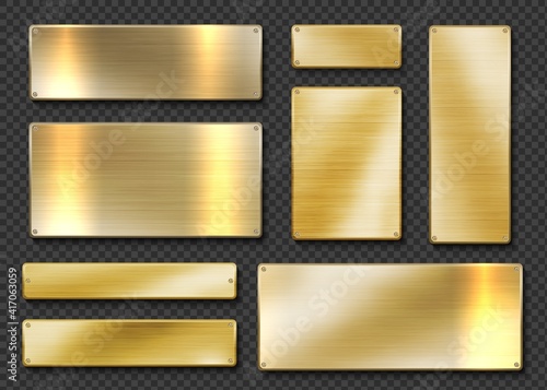 Gold plates. Realistic golden metal banners. 3D screwed shiny boards on transparent background. Isolated planks with glisten metallic texture. Blank square shapes, vector templates set for engraving