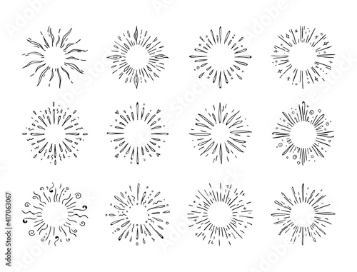 Hand drawn starburst. Doodle explosion or sun shine. Abstract round contour water splash. Minimal firework and light flash. Vector black pencil sketches set of circle with diverging rays and splatters