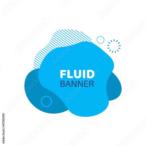 Blue fluid background. Abstract doodle banner. Multilayer imposition of liquid stains. Minimal geometric round shapes, outline circles and shading forms. Vector decorative aqua bubble with copy space