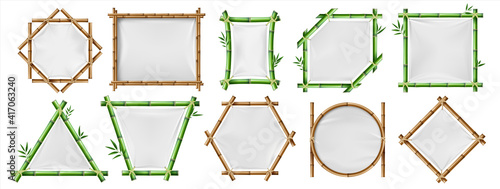 Bamboo banners. Realistic wooden frames with white textile, 3D blank Japanese posters with copy space, geometric constructions. Green and brown straight segmented trunks tied with rope vector set