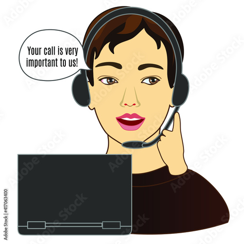 emoticon with a customer service man who wears a headset, wears headphones and a microphone, answers a customer's call by speaking Your call is very important to us