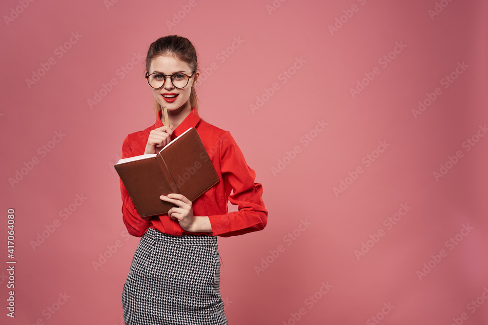 Woman in red shirt notepad documents secretary professionals Woman in red shirt notepad documents secretary professionals