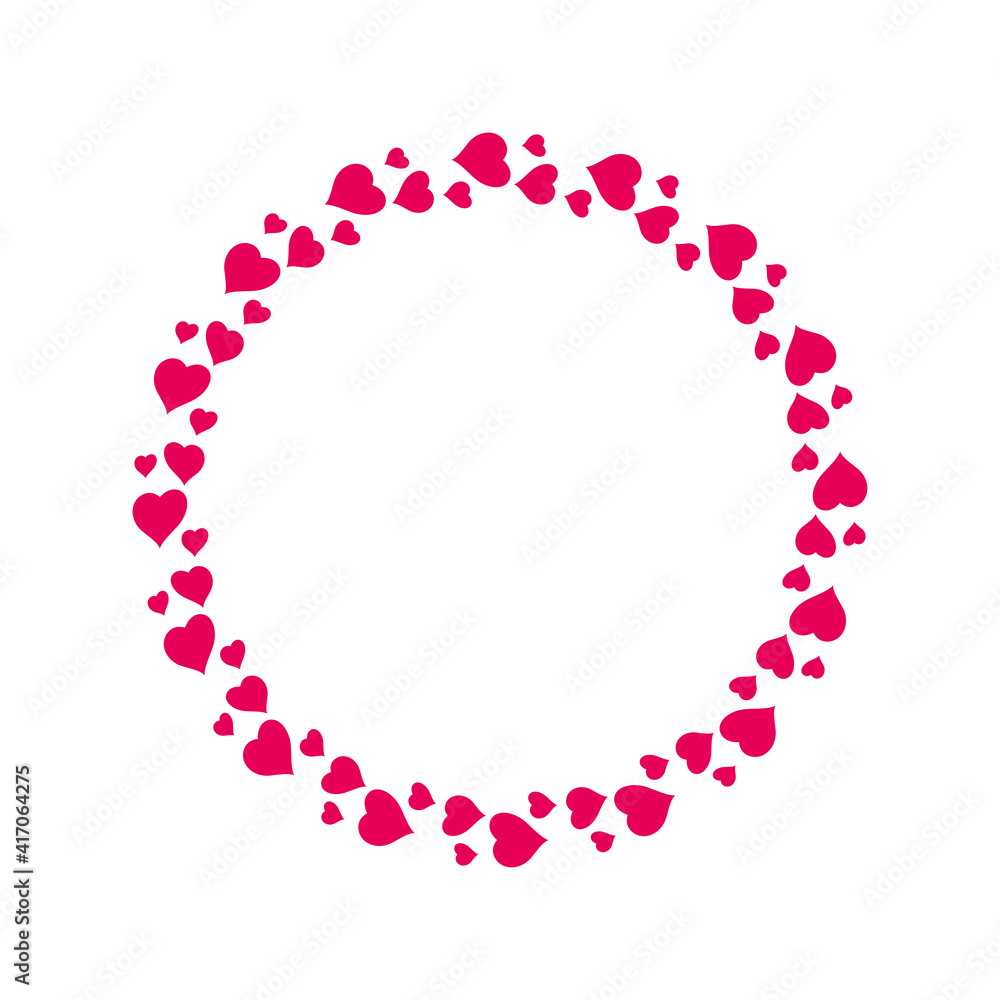 Circular round frame from pink hearts. Flat vector illustration isolated on white.