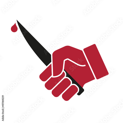 Hand with a knife. A drop of blood. Flat vector illustration isolated on white.