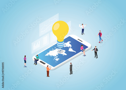 global idea concept on smartphone with world maps with modern isometric style