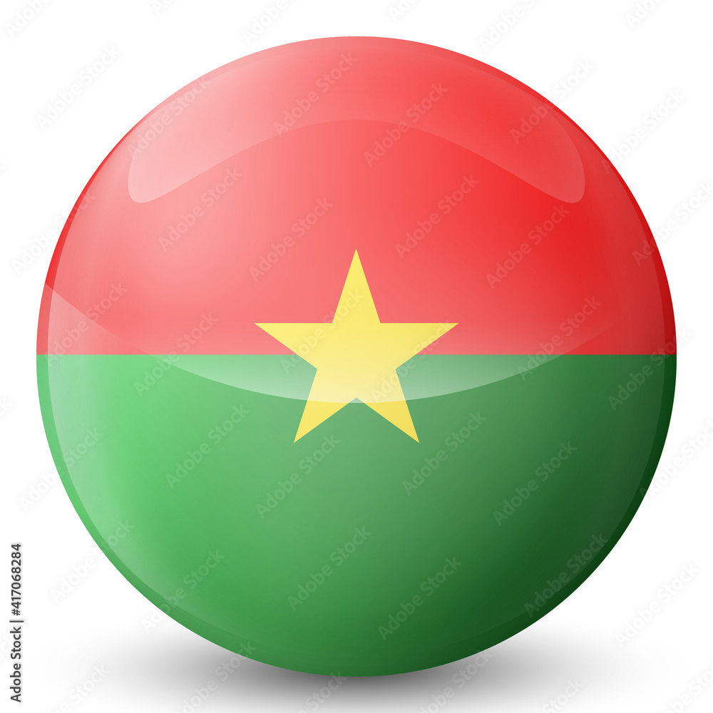 Glass light ball with flag of Burkina Faso. Round sphere, template icon. National symbol. Glossy realistic ball, 3D abstract vector illustration highlighted on a white background. Big bubble. Glass light ball with flag of Burkina Faso. Round sphere, template icon. National symbol. Glossy realistic ball, 3D abstract vector illustration highlighted on a white background. Big bubble.