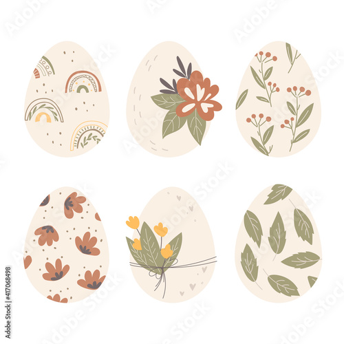 Set of decorated Easter eggs. Spring print decor and flowers. Flat design, vector illustration