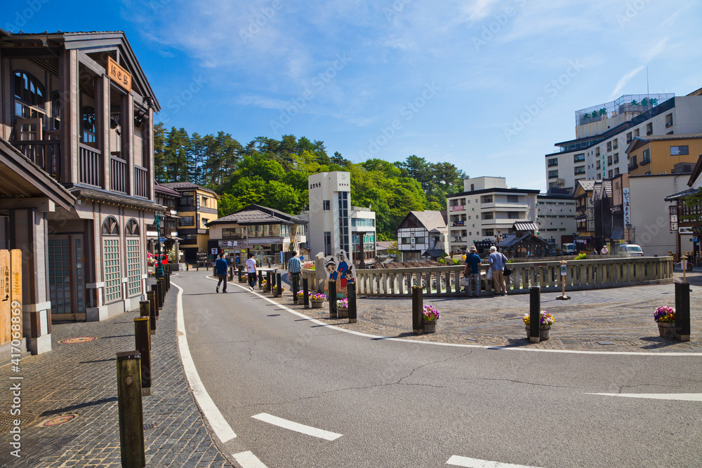 
Yubatake onsen, hot spring wooden boxes with mineral water in Kusatsu onsen, Gunma prefecture, Japan.