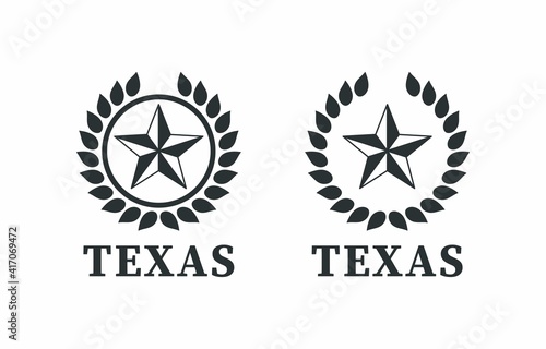 Set of black and white illustrations of a star, laurel wreath, text on a white background. Vector illustration in vintage style for emblem, label, badge. Heraldry of Texas.