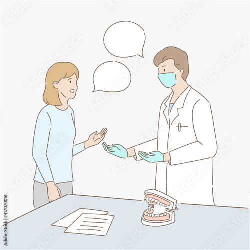The patient is consulting the dentist about treatment and has paperwork and dental teeth model on the table. Dental concept. Hand draw style. Vector illustration.