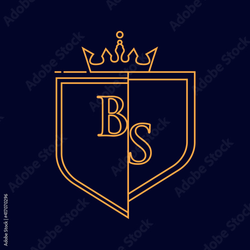 BS initial logotype, colored orange with emblem and crown, line art and classic design, isolated on dark background. photo