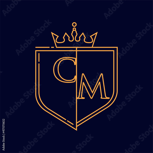 CM initial logotype, colored orange with emblem and crown, line art and classic design, isolated on dark background.