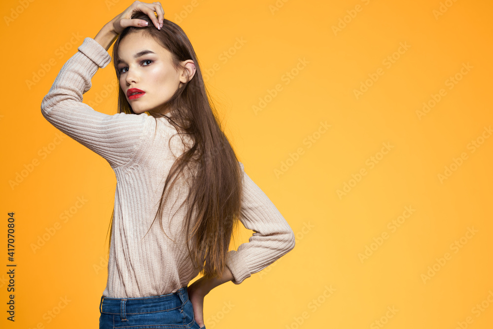 pretty woman red lips yellow background model pretty woman red lips yellow background model