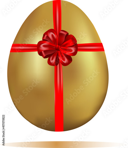 Vector image of the golden Easter egg with the red ribbon and a bow isolated on the white background.