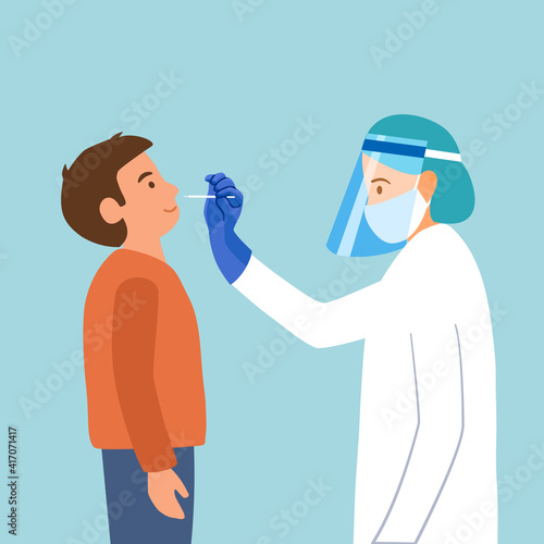 Covid-19 coronavirus testing carried out by a medical professional staff, doctor or nurse. A boy kids receiving a coronavirus test. DNA test by nose swap probe at hospital in flat design.