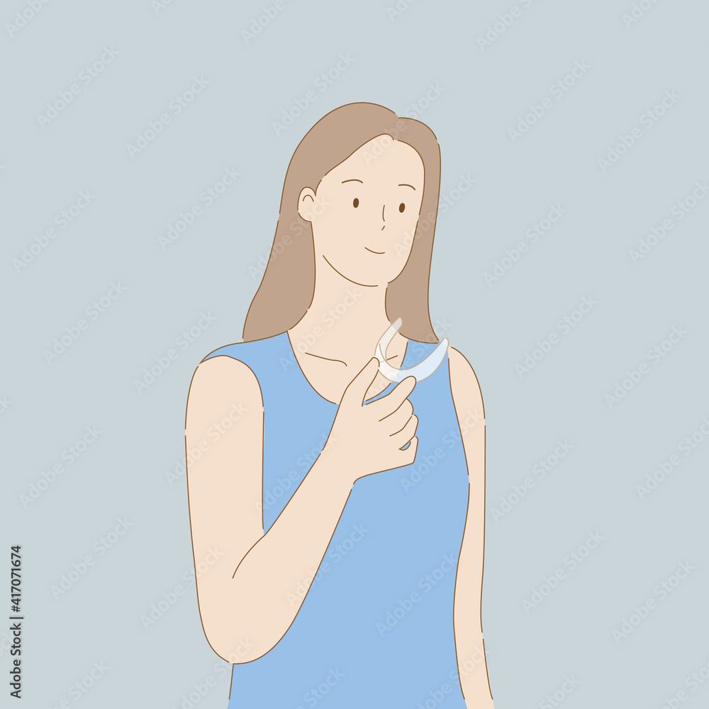 Woman holding invisalign in hand. Oral health and dental concept. Hand draw thin line style. Vector illustration. Woman holding invisalign in hand. Oral health and dental concept. Hand draw thin line style. Vector illustration.