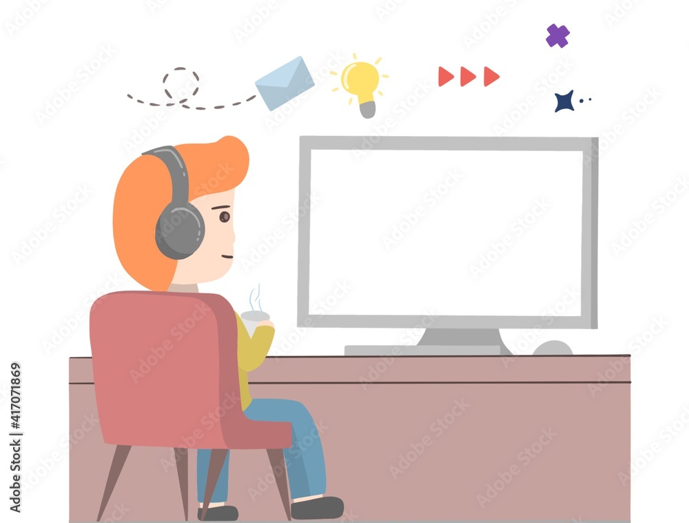 Illustration of man sitting on red chair looking at white screen computer monitor on white background. Illustration of man sitting on red chair looking at white screen computer monitor on white background.