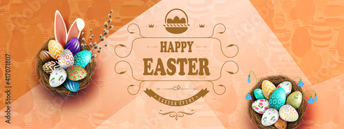 Easter brown illustration, eggs in a nest with a beautiful pattern, bunny ears, willow twigs
