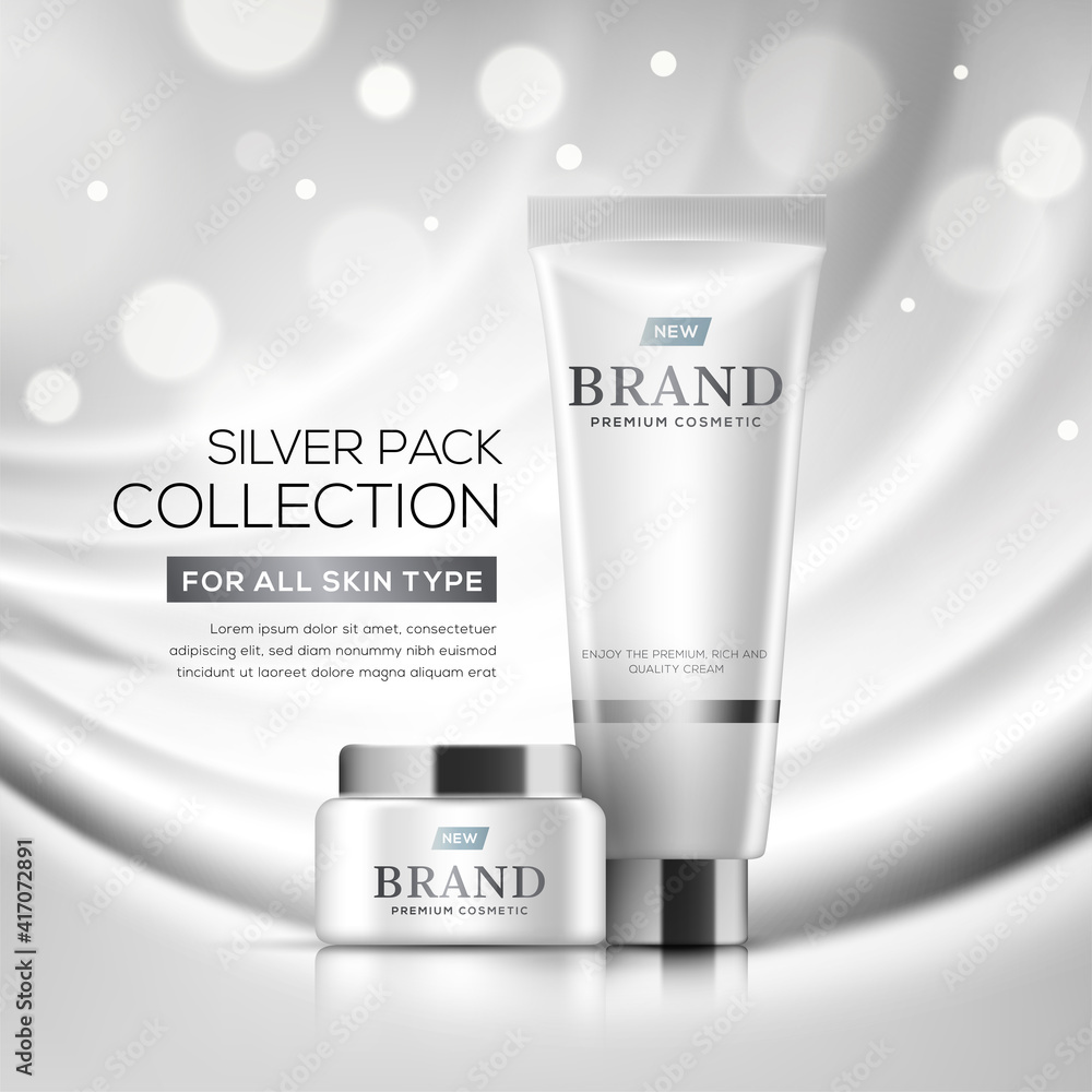 Cosmetic ads template with glossy bottles on creative silver background in 3d illustration Cosmetic ads template with glossy bottles on creative silver background in 3d illustration