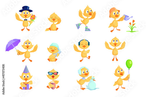 Cartoon duckling set. Cute funny yellow baby chicks or ducks different activities  celebrating birthday  watching movie  dancing  sleeping. For cartoon character  preschool education concept