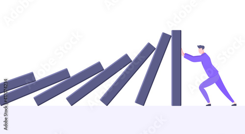Business resilience or domino effect metaphor vector illustration concept. Adult young businessman pushing falling domino line business concept of problem solving and stopping domino chain reaction.