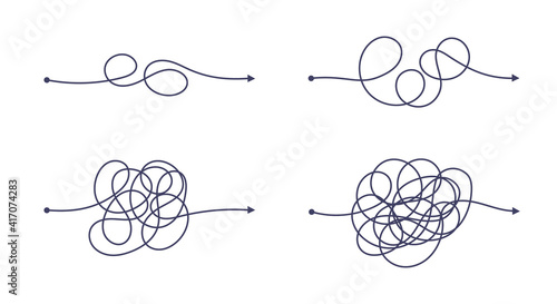 Complex and easy simple way from start to end vector illustration set. Chaos simplifying, problem solving and business solution searching challenge concept. Hand drawn doodle scribble chaos path lines