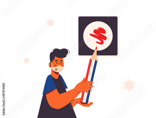 General election in Netherlands on 17 March 2021. Covid-19 pandemic. Man holding big pencil, wearing protective face mask. Pencil is colored by national dutch flag. House of Representatives. Isolated.