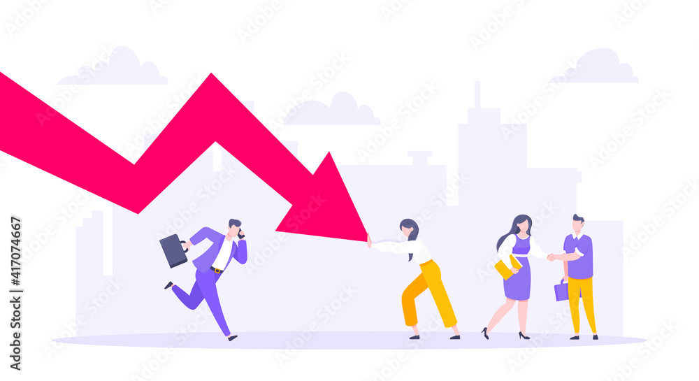 Cost reduction and business bankruptcy concept. Young adult people pushed red crisis arrow downturn vector illustration. Economy crisis, investment global market risk and stock market crash metaphor. Cost reduction and business bankruptcy concept. Young adult people pushed red crisis arrow downturn vector illustration. Economy crisis, investment global market risk and stock market crash metaphor.